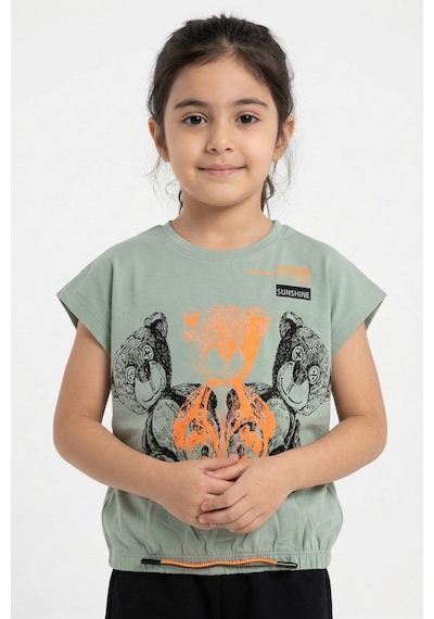 New Kids Ayıcık Baskılı Büzgü Detaylı Kısa Kol Kız Çocuk Tişört-91125 Mint