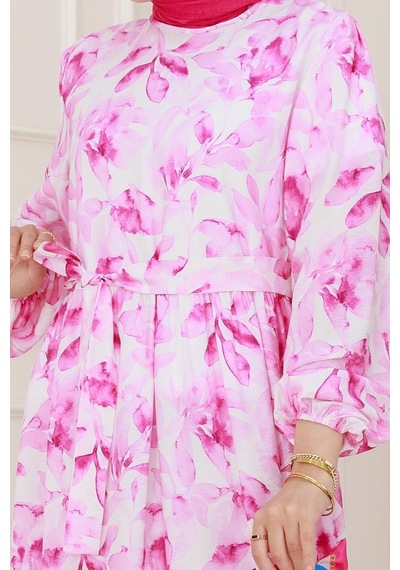 Sevitli Yarım Düğmeli Lotus Elbise-pembe-5248 Pembe