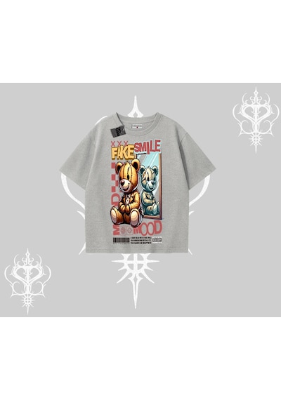 Startmore Startmore Oversize Tshirt Fake Smile Mood Ayıcık Grafik Baskılı Gri