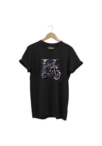 N Harfi Baskılı Motosiklet Kuru Kafa %100 Pamuk Regular Fit Bisiklet Yaka Siyah T-shirt Siyah