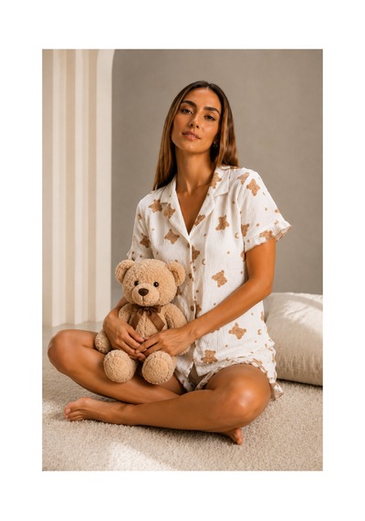 Fit Women Kadın Günlük Düğmeli V Yaka Kar Beyaz Pijama Takımı