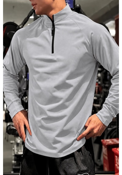 Genius Store Erkek Yarım Fermuarlı Compression Uzun Kol Spor Tişört Ve Fitness Tişörtü Dalgıç-uzun Gri