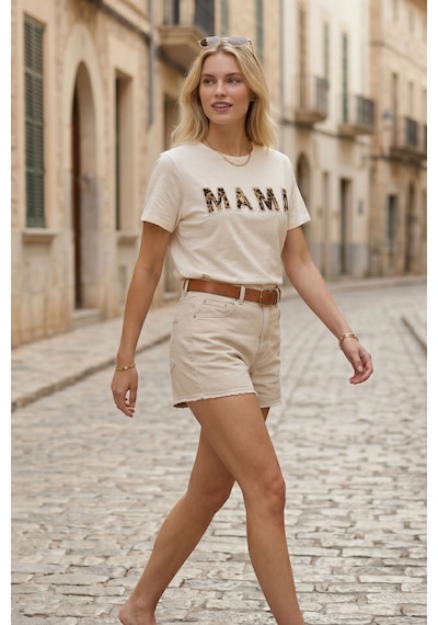 Kadın Ekru Mama Baskılı Leopar Desenli Basic Tişört Yumuşak Dokulu Rahat Pamuklu Yazlık T-shirt Bej