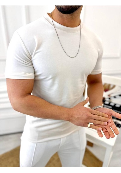 T-shirt Slim Fit Tişört Dar Kesim Kadife Tişört Beyaz
