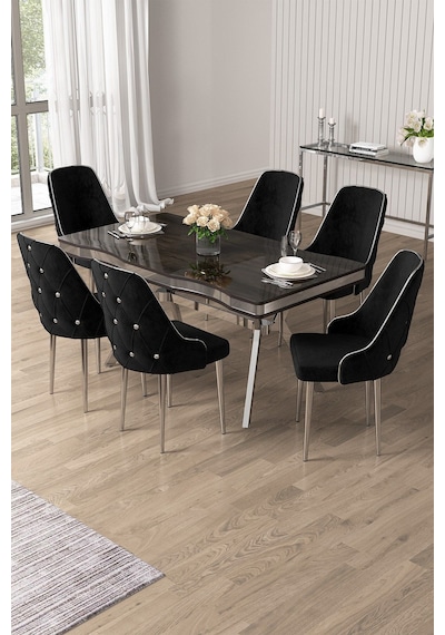 Canisa Vae Serisi 90x160 Lak Panel Antrasit İroni Krom Ayak Masa Takımı 6 Siyah Sandalye Antrasit İroni Masa Siyah Sandalye Ayaklar Krom Canisa Vae Serisi 90x160 Lak Panel Antrasit İroni Krom Ayak Masa Takımı 6 Siyah Sandalye Antrasit İroni Masa Siyah Sandalye Ayaklar Krom