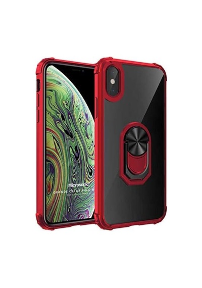 Apple iPhone X İçin Kılıf Grande Clear Ring Holder Kırmızı Apple iPhone X İle Uyumlu Kılıf - Kırmızı