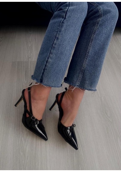 Aycan Shoes Kadın Çift Bantlı Toka Detaylı Rugan Topuklu Ayakkabı Milano 001
