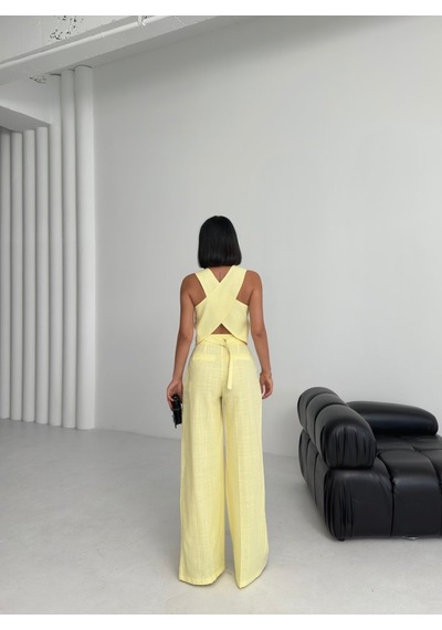 Moderie Butik Keten Sirti Çapraz Geçi Şli Cepken Pantolon Takim Sari