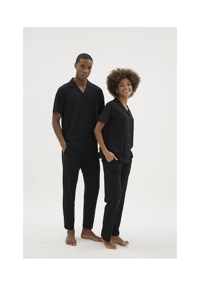 Angbutik Kocabey Kkt-26150k Kadın Apaj Yaka Boydan Düğmeli Pijama Takımı Siyah
