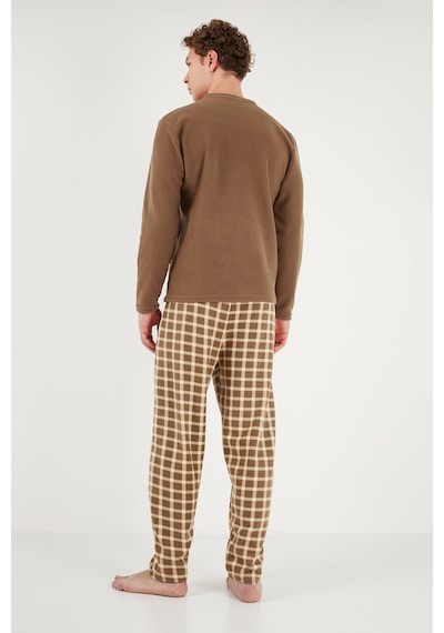 Buratti Kareli Düğmeli Hakim Yaka Yumuşak Dokulu Polar Pijama Takımı Erkek Pijama Takımı 6097023 Camel