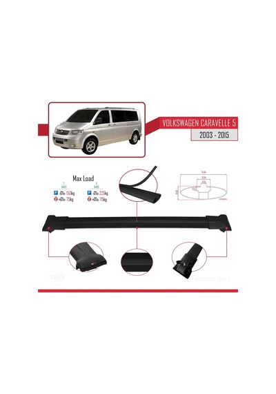 Volkswagen Caravelle T5 2003-2015 Arası İle Uyumlu Fly Model Ara Atkı Tavan Barı Siyah