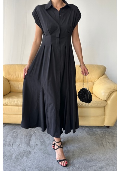 De'charme Kolsuz Vatkalı Önden Düğmelibel Pens Detaylı Poplin Elbise - Siyah
