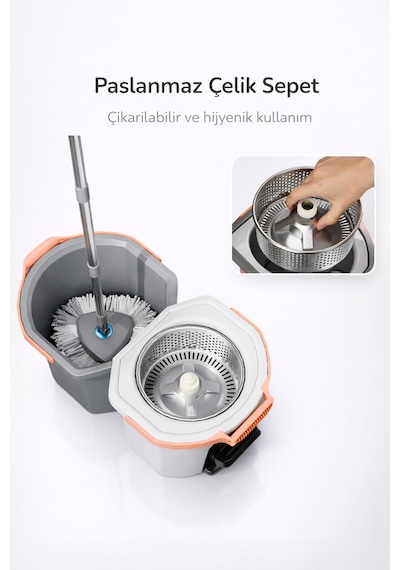 Pedallı Otomatik Mop Temizlik Seti 360 Döner Başlıklı 2 Adet Mikrofiber Bez