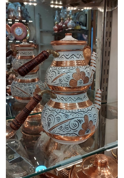 Bakır Çaydanlık El Işlemesi Çiçek Desenli Beyaz Renk İşlemeli Beyaz