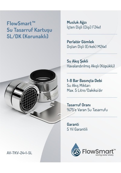 Flowsmart Anti-vandal Su Tasarruflu Aeratör 5 L/dk. Øm24 %75 E Varan Tasarruf Korunaklı Gömlek