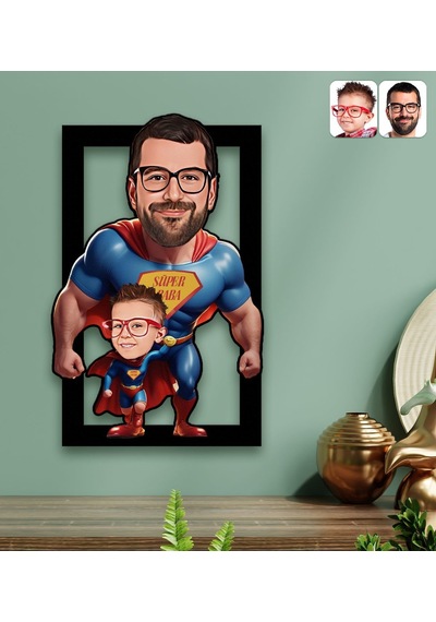 Bk Gift Kişiye Özel Süper Baba-çocuk Karikatürlü 3d Ahşap Tablo-2, Babalar Günü Hediyesi, Babaya Hediye Kobitmeyencom31594 Bk