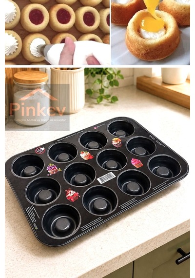 12 Bölmeli Yapışmaz Teflon Kaplama Çelik Muffin Kek Kalıbı Siyah