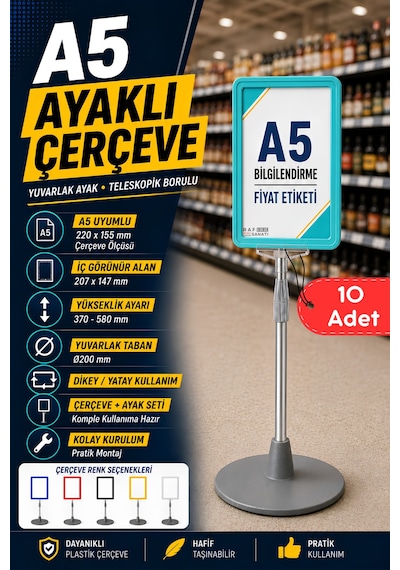 10 Adet - A5 Ayaklı Menü Ve Fiyat Bilgi Standı Yuvarlak Tabanlı Teleskopik Çerçeve Etiketlik Turkuaz