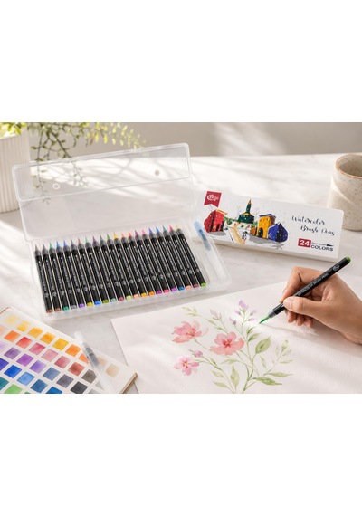 24 Renk Sulu Boya Fırça Kalemi Seti Watercolor Brush Pens, Su Hazneli Fırça Kalemli
