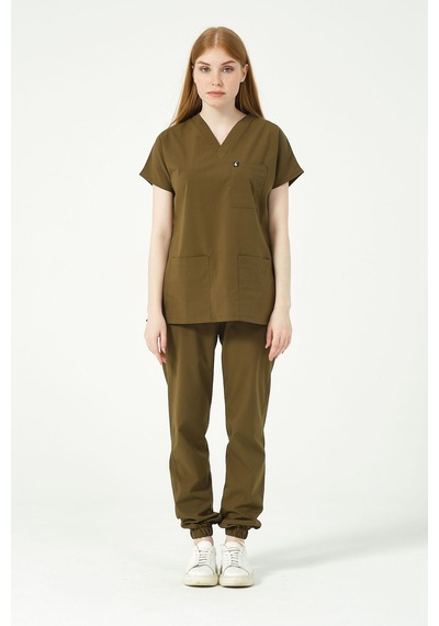 Haki Likralı Scrubs Jogger Paça Doktor Hemşire Forması Yarasa Kol Takım Unisex