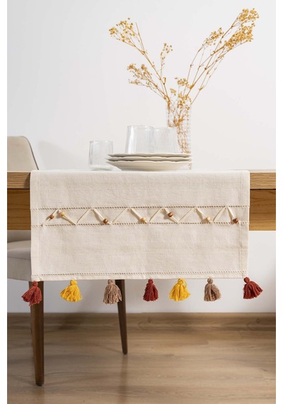 Rivaistanbul Ruffle Boncuk & Püsküllü %100 Pamuklu Ham Keten Runner 50x130 Cm Bej