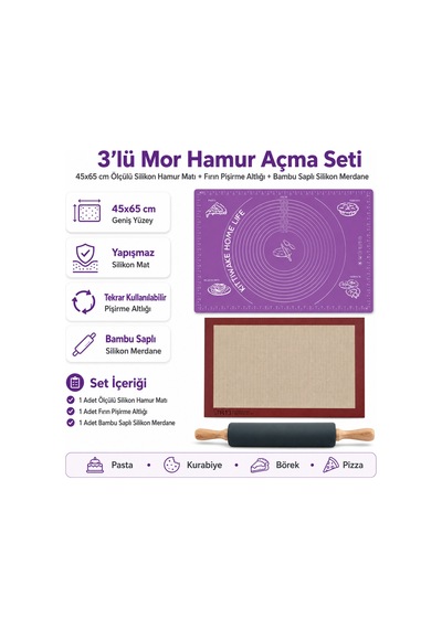 3 Lü Mor Hamur Açma Seti 45x65 Cm Ölçülü Silikon Hamur Matı, Fırın Pişirme Altlığı Ve Bambu Saplı Silikon Merdane Diğer