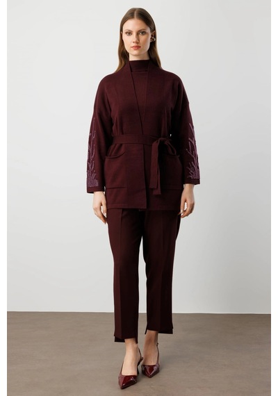 On Fashion Kadın Kolları Taşlı Kuşaklı Triko Bordo Hırka 60902 Bordo