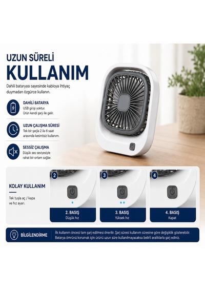 Masaüstü Mini Fan Şarjlı Sessiz Taşınabilir Fan, 3 Kademeli Hız Ayarı, 45 Ayarlanabilir Açılı Kompakt Masa Fanı, 8000 Rpm Güçlü Üfleme, Ofis Laptop Çalışma Masası İçin