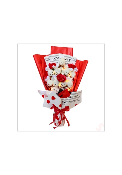 9 Beyaz Pelüş Tavşanlı Led Işıklı Kırmızı Buket, 65cm X 45cm