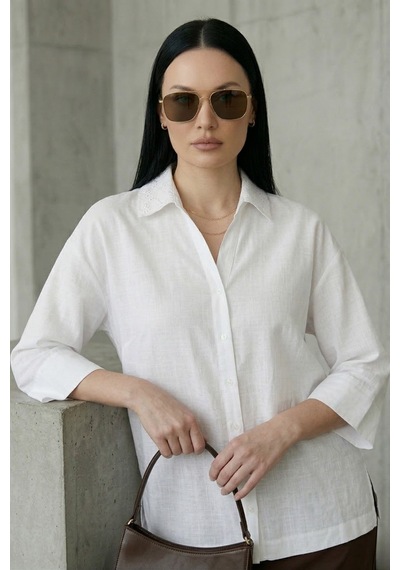 Kadın Beyaz Oversize Fit Düğmeli 3/4-truvakar Kol Fisto Yaka Dokuma Rahat Kesim Uzun Kadın Gömlek Bluz Beyaz