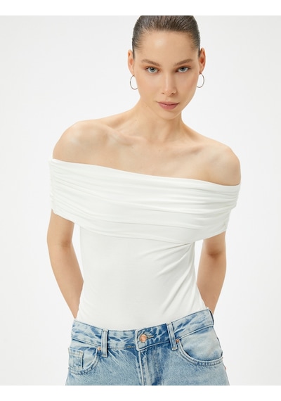 Koton Omzu Açık Tişört Drape Detaylı Slim Fit Viskoz Kumaş Ekru 4sal11042ık Ekru