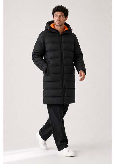 Maison Rae Erkek Uzun Puffer Mont - Parka, Rüzgar Ve Su Geçirmez,turuncu Astarlı, Kapüşonlu, Kışlık Mont Siyah