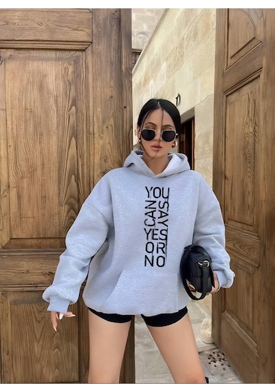 Startmore You Can Say Baskılı Kapişonlu Sweat Gri