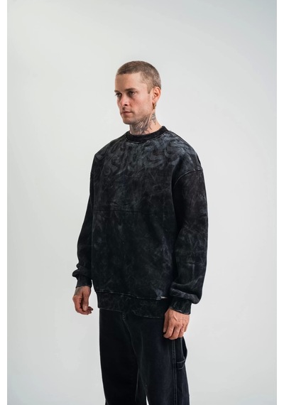 Unisex Uzun Kol Bisiklet Yaka Yıkamalı Sweatshirt - Siyah