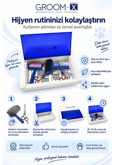 Groom-x Uv-c Ozon Etkili Pet Kuaför Makas Tarak Ve Tıraş Aleti Sterilizatör Cihazı