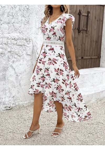 Efnaz Style Kadın Kısa Kollu V Yakalı Çiçek Desenli Önü Kısa Arkası Uzun Süprem Elbise