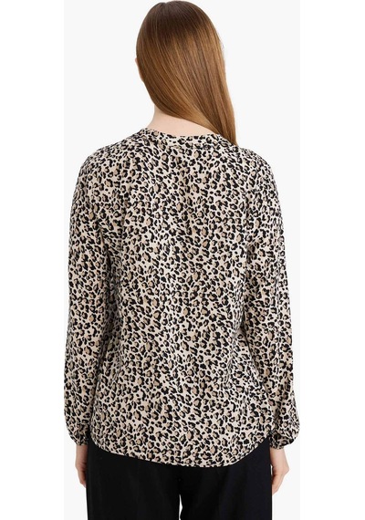 Defacto Regular Fit Bisiklet Yaka Leopar Desenli Uzun Kollu Bluz N1809az26sper103 Ekru-er103