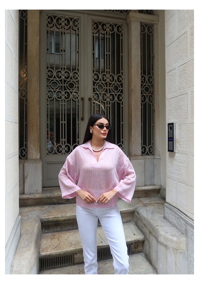Kechi Woman Çizgili Transparan Kumaş Polo Yaka Bluz Pembe