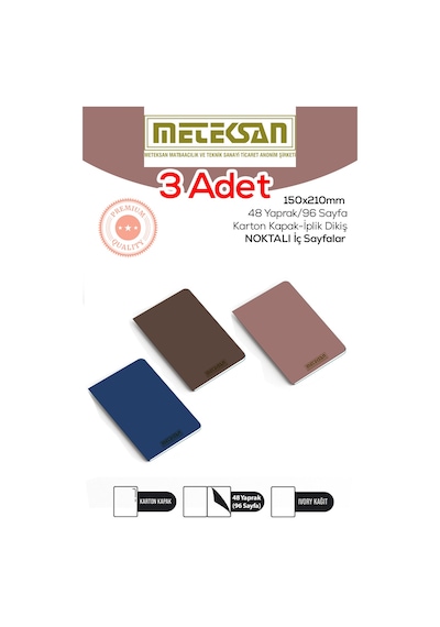 3'lü 15x21 Cm A5 Ebat Not Defteri İvory Kağıt Dokulu Karton Kapak İplik Dikiş Antrasit