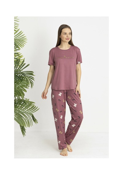 Estiva Kadın Ayıcık Alt Desenli Kısa Kollu Soft Pijama Takımı Pudra