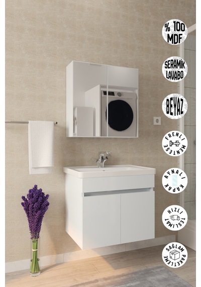 Tokyo 65 Cm Banyo Dolabı Takımı Aynalı Mdf Gövde Seramik Lavabolu