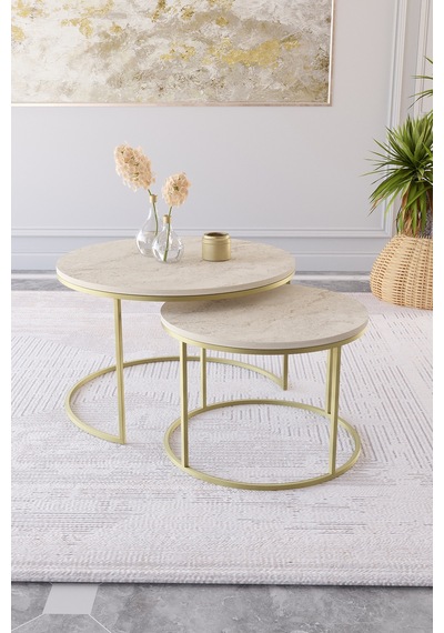 Milas Orta Sehpa 75-60 Cm Mat Gold Metal - Traverten Desen Tabla Gold Traverten Milas Orta Sehpa 75-60 Cm Mat Gold Metal - Traverten Desen Tabla Gold Traverten