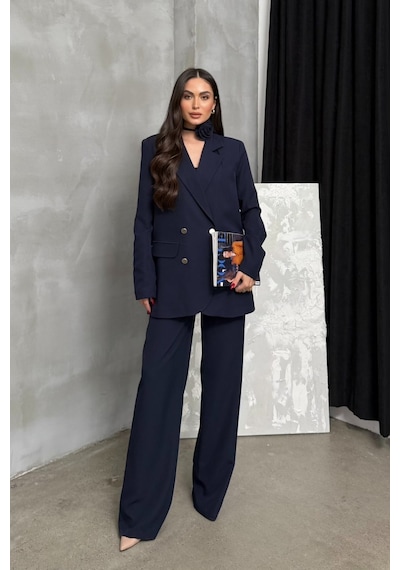 Msm Fashion Kadın İkili Blazer Ceket Pantolon Takım Aksesuar Ve Düğme Detaylı Bol Paça Lacivert Msm Fashion Kadın İkili Blazer Ceket Pantolon Takım Aksesuar Ve Düğme Detaylı Bol Paça Lacivert
