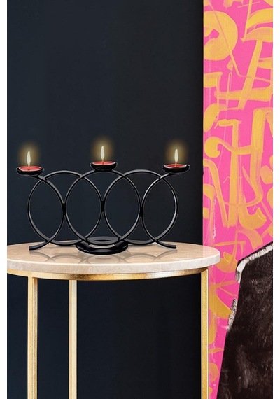 Bundera Siyah Halkalı Model Dekoratif Mumluk Metal Ferforje Şamdan Mumluk Tealight Mum Dahil Çok Renkli