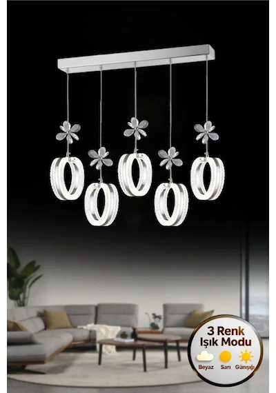 LumiaLighting Aurea Model 5"li Gümüş 3 Renk Modu Yemek Masası Oturma Çocuk Yatak Odası Modern Ledli Avize
