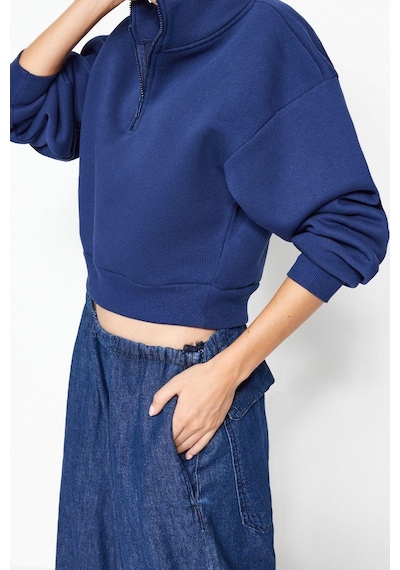 Ersefa Fitted Fermuarlı Yaka Crop Rahat Kesim Crop Basic Fermuarlı Kalın Lacivert