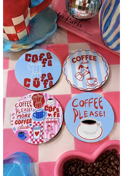 Coffee Please 4 Lü Bardak Altlığı Seti - 9 Cm, 3 Mm Mdf, Uv Baskı Çok Renkli