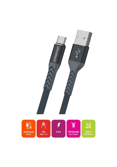Polosmart Psm116 Type-c Şarj Ve Data Kablosu 1.2 Metre Gri