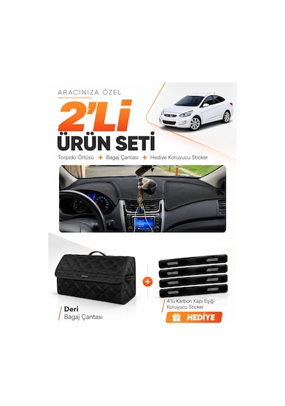E-biz Hyundai Accent Blue 2011-2017 Uyumlu Torpido Örtüsü + Deri Bagaj Çantası - Siyah - Hu011