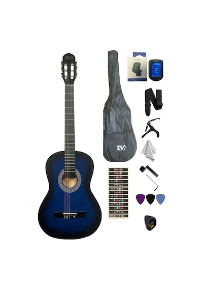 4/4 Tam Boy Mavi Klasik Gitar Akort Cihazı Kılıf Kapo Askı Pena Sticker Çevirici